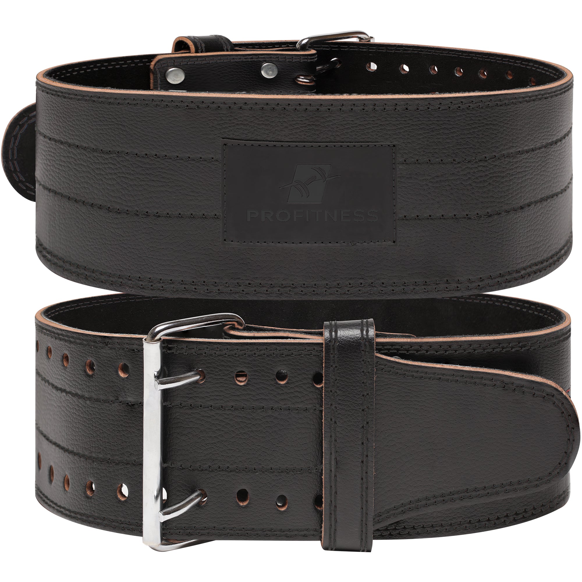 Black leather weightlifting belt with 'PROfitness' logo in front.